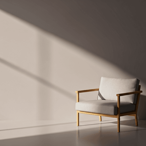 Espacio sobrio de descanso con una silla y sombras suaves de tarde.