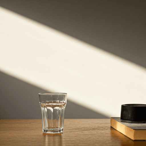 Mesa minimalista con vaso de agua y objetos de rutina de manana.